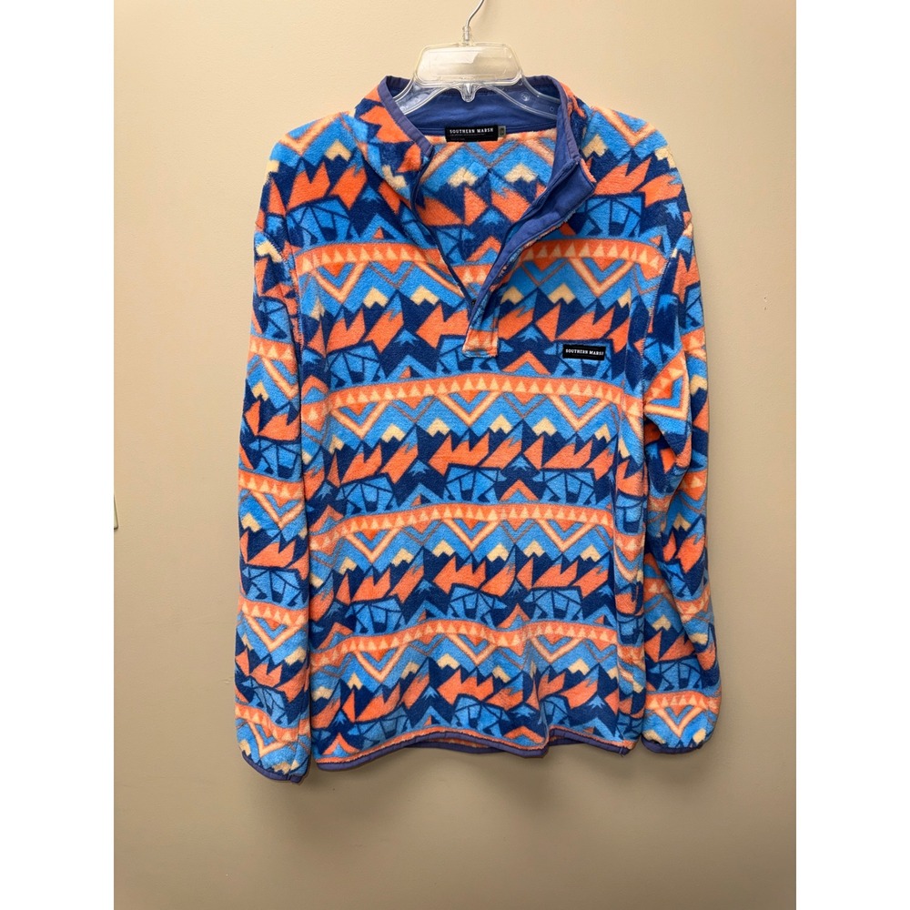 Southern Marsh Mens Blue Orange Southwestern Bear Fleece Quarter Snap Pullover L